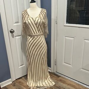 Chic Cream and Gold Striped Long Sleeve Dress